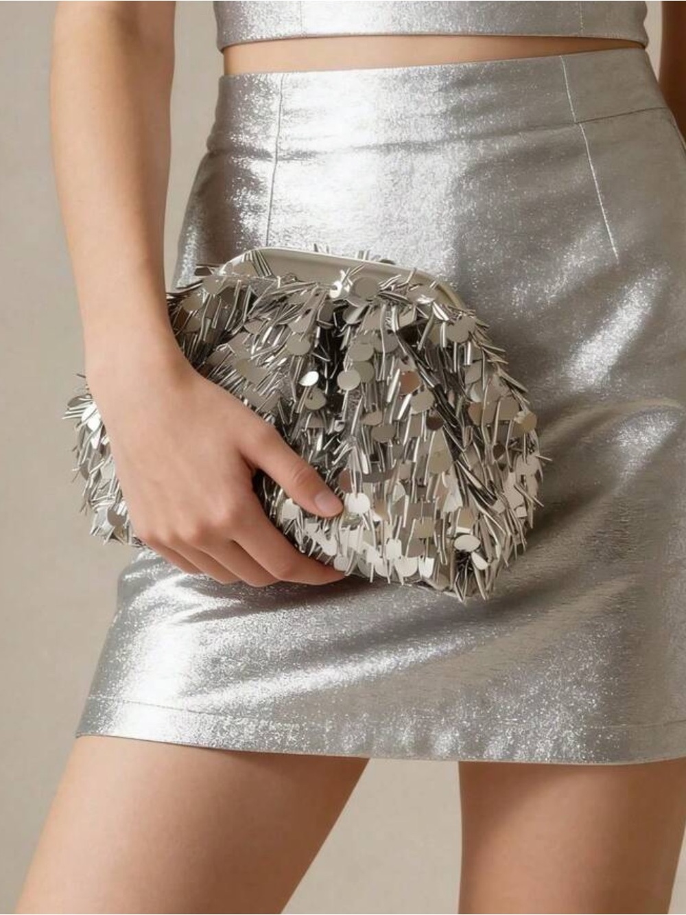 Luxury Silver Sequin Fringe Clutch